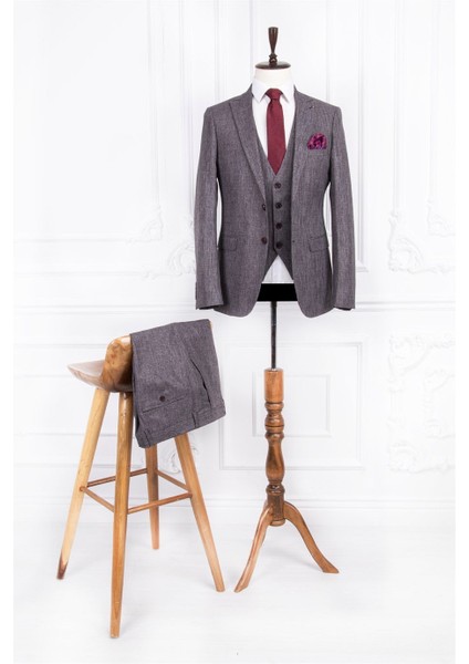 Erkek Slim Fit Sivri Yaka Bordo Yelekli Takım Elbise fiyatları