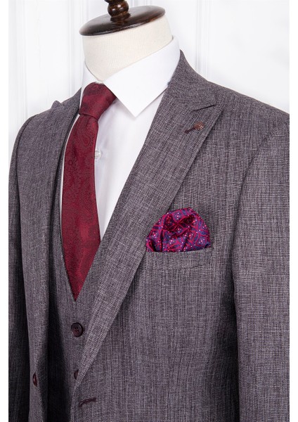 Erkek Slim Fit Sivri Yaka Bordo Yelekli Takım Elbise modelleri
