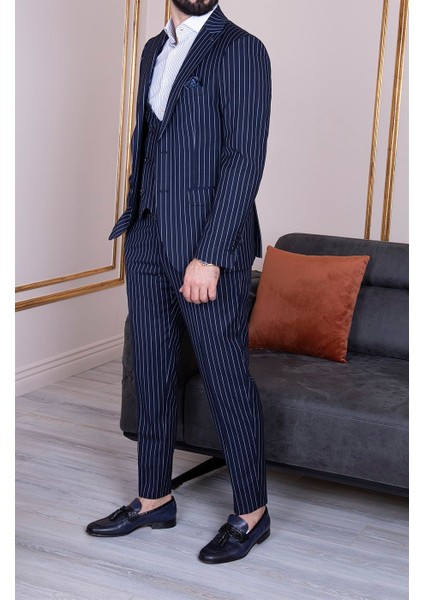 Erkek Slim Fit Sivri Yaka Lacivert Çizgili Yelekli Takım Elbise fiyatları