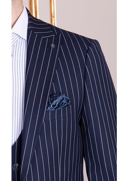 Erkek Slim Fit Sivri Yaka Lacivert Çizgili Yelekli Takım Elbise modelleri
