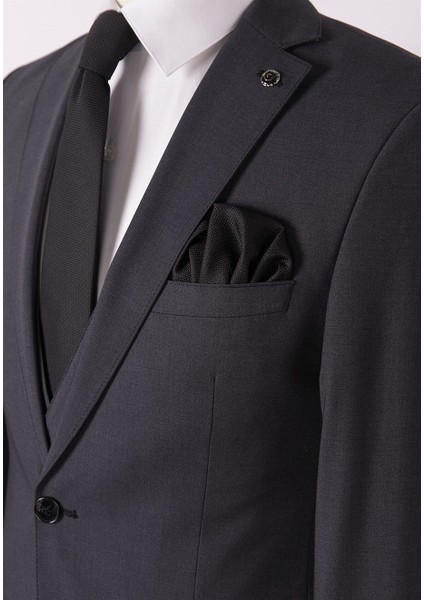 Erkek Slim Fit Mono Yaka Füme Yelekli Takım Elbise