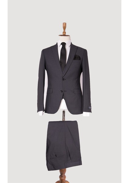 Erkek Slim Fit Mono Yaka Füme Yelekli Takım Elbise