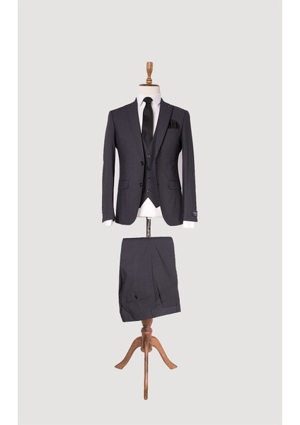 Erkek Slim Fit Mono Yaka Füme Yelekli Takım Elbise