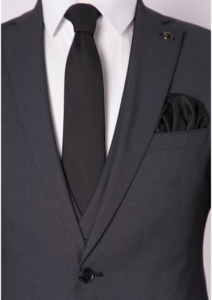 Erkek Slim Fit Mono Yaka Füme Yelekli Takım Elbise