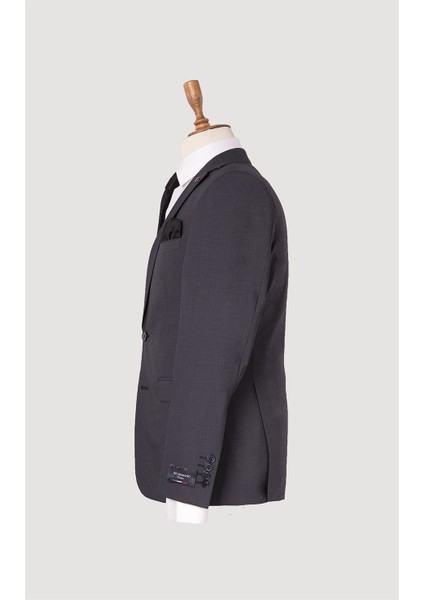 Erkek Slim Fit Mono Yaka Füme Yelekli Takım Elbise