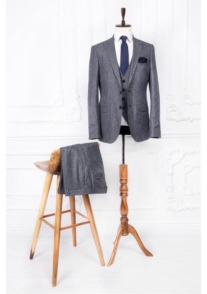 Erkek Slim Fit Sivri Yaka Açık Gri Yelekli Takım Elbise fiyatları