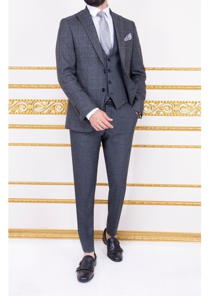 Erkek Slim Fit Sivri Yaka Füme Ekose Yelekli Kombin Takım Elbise