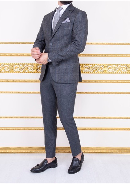 Erkek Slim Fit Sivri Yaka Füme Ekose Yelekli Kombin Takım Elbise fiyatları
