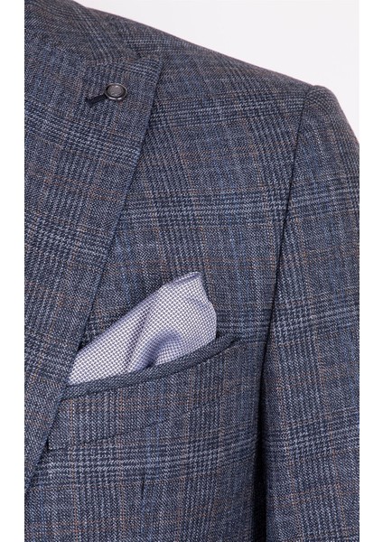 Erkek Slim Fit Sivri Yaka Füme Ekose Yelekli Kombin Takım Elbise modelleri