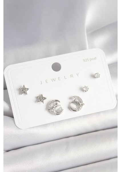 925 Ayar Gümüş Çivi Zirkon Taşlı Hilal Yıldız Model Kadın Küpe S