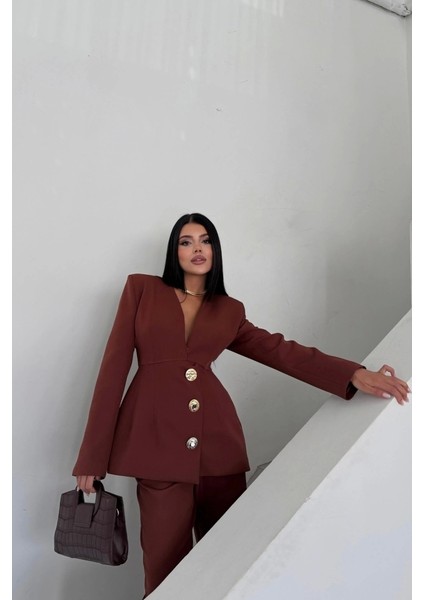 Tasarım Ceket-Pantolon Takım Metal Düğme Detaylı - Kahverengi modelleri