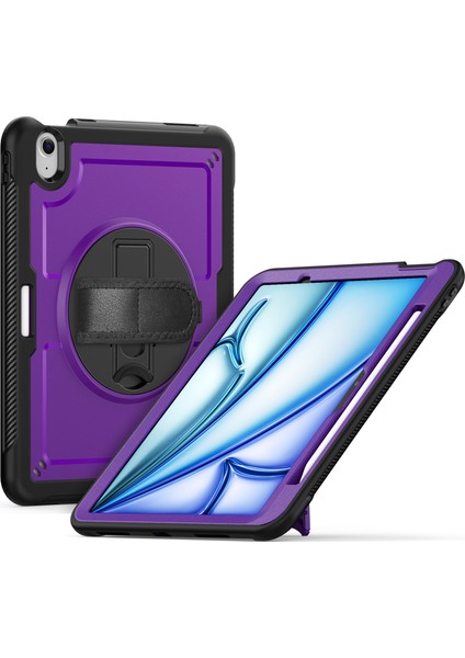 iPad Air 11 (2025) M3 A3266 / (2024) M2 A2902 Dönen Kickstand Pc + Tpe Darbeye Dayanıklı Tablet Kılıfı, El Kayışı ile (Yurt Dışından)