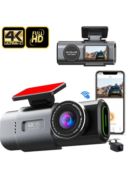 Gps Mobil Uygulamalı 4K 170° Geniş Açı Gece Görüşlü Ön Arka Akıllı Araç Içi Kamera Park Modu G-Sensor Wifi