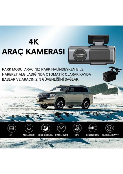 Gps Mobil Uygulamalı 4K 170° Geniş Açı Gece Görüşlü Ön Arka Akıllı Araç Içi Kamera Park Modu G-Sensor Wifi