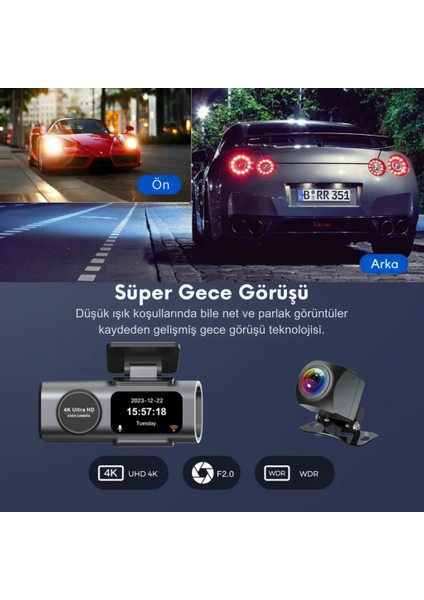 Gps Mobil Uygulamalı 4K 170° Geniş Açı Gece Görüşlü Ön Arka Akıllı Araç Içi Kamera Park Modu G-Sensor Wifi