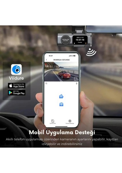 Gps Mobil Uygulamalı 4K 170° Geniş Açı Gece Görüşlü Ön Arka Akıllı Araç Içi Kamera Park Modu G-Sensor Wifi
