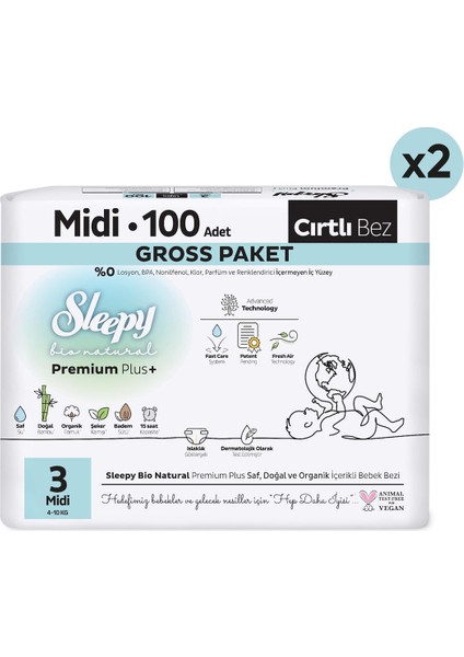 Bio Natural Premium Plus Efsane Paket Bebek Bezi 3 Numara Midi 200 Adet