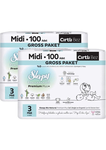 Bio Natural Premium Plus Efsane Paket Bebek Bezi 3 Numara Midi 200 Adet