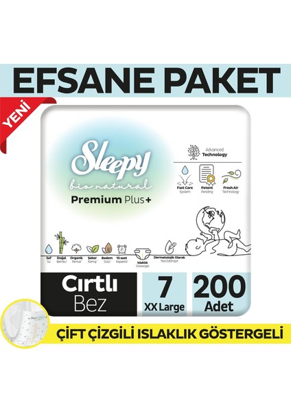 Bio Natural Premium Plus Efsane Paket Bebek Bezi 7 Numara Xxlarge 200 Adet