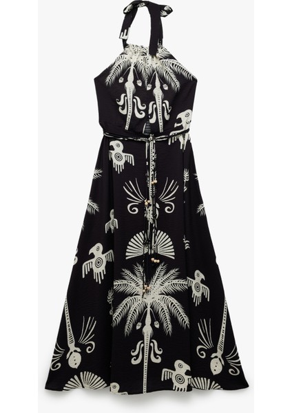 Viskon Kumaş Etnik Desenli Boyundan Bağlamalı Halter Yaka Uzun Elbise