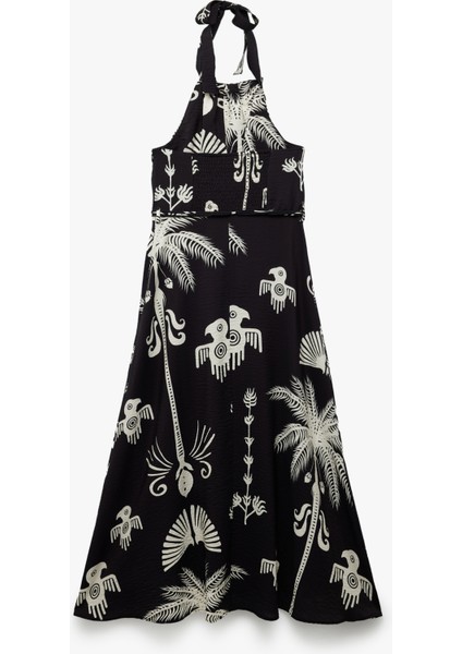 Viskon Kumaş Etnik Desenli Boyundan Bağlamalı Halter Yaka Uzun Elbise fiyatları