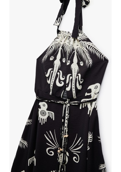 Viskon Kumaş Etnik Desenli Boyundan Bağlamalı Halter Yaka Uzun Elbise modelleri