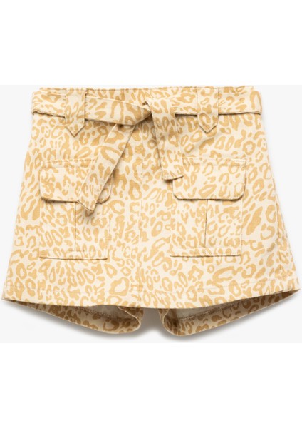 Leopar Desenli Pamuklu Kapaklı Cep Detaylı Kemerli Şort Etek