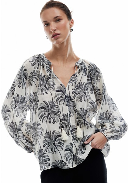 Floral Desenli Viskon Bağlamalı Yuvarlak Yaka Uzun Kollu Bluz