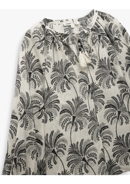 Floral Desenli Viskon Bağlamalı Yuvarlak Yaka Uzun Kollu Bluz indirimleri