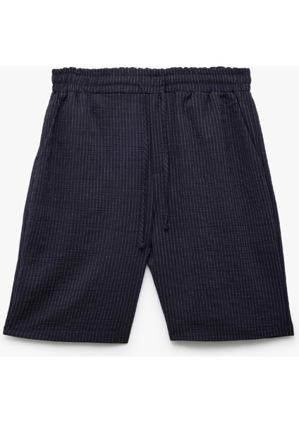 Beli Bağcıklı Cepli Viskon Karışımlı Çizgili Şort modelleri