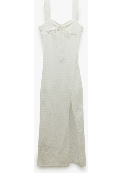 Kalp Yaka Kolsuz Bodycon Yırtmaç Detaylı Uzun Elbise