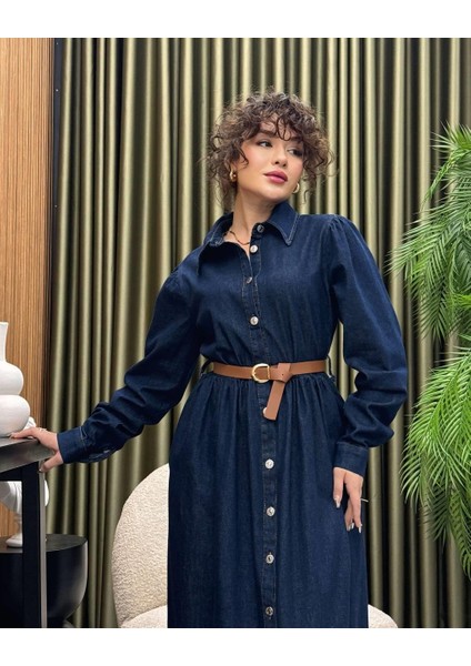 Premium Kalite Kemer Detaylı Yazlık Denim Kot Elbise Tesettür Jean Elbise 148 cm