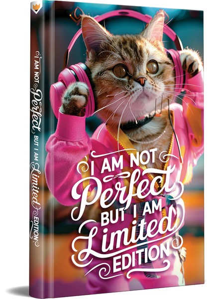 Müzik Dinleyen Kedi Tasarımlı Çizgili Not Defteri – 13x21cm Sert Kapak 192 Sayfa