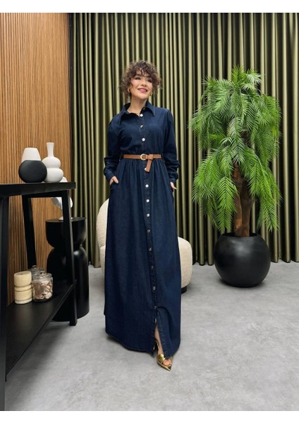 Premium Kalite Kemer Detaylı Yazlık Denim Kot Elbise Tesettür Jean Elbise 148 cm