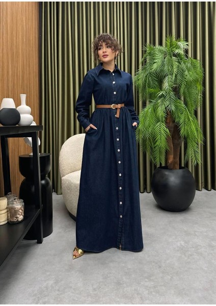 Premium Kalite Kemer Detaylı Yazlık Denim Kot Elbise Tesettür Jean Elbise 148 cm modelleri