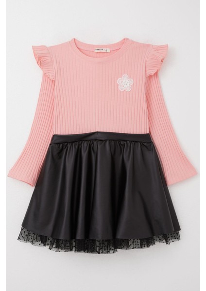Kız Çocuk Uzun Kollu Elbise Etek Kısmı Deri Çiçek Aksesuarlı 5-10 Yaş, Pembe
