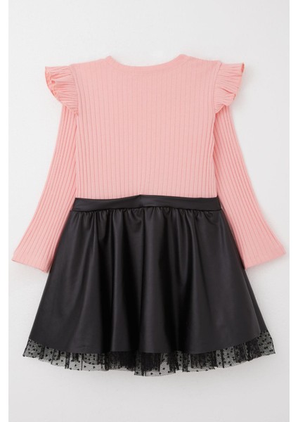 Kız Çocuk Uzun Kollu Elbise Etek Kısmı Deri Çiçek Aksesuarlı 5-10 Yaş, Pembe fiyatları