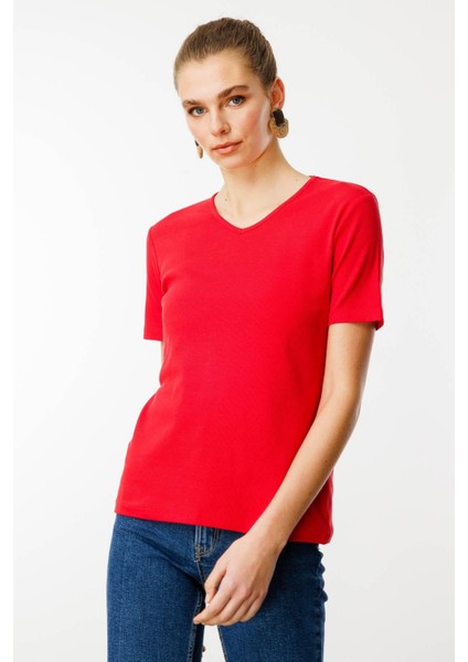 Kadın V Yaka Kaşkorse Pamuk T-Shirt Kırmızı fiyatları