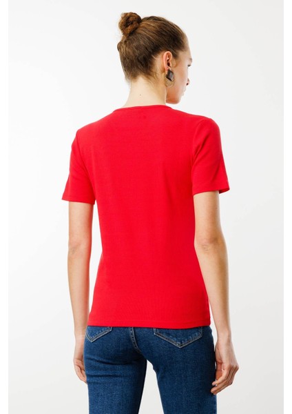 Kadın V Yaka Kaşkorse Pamuk T-Shirt Kırmızı fırsatları