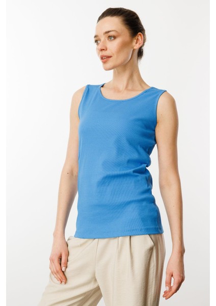 Kadın Sıfır Yaka Kaşkorse Pamuklu Askılı T-Shirt Mavi modelleri