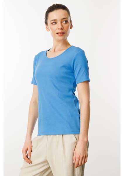 Kadın Sıfır Yaka Kısa Kol Pamuk Kaşkorse T-Shirt Mavi