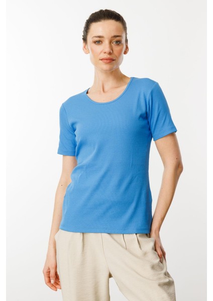 Kadın Sıfır Yaka Kısa Kol Pamuk Kaşkorse T-Shirt Mavi fırsatları