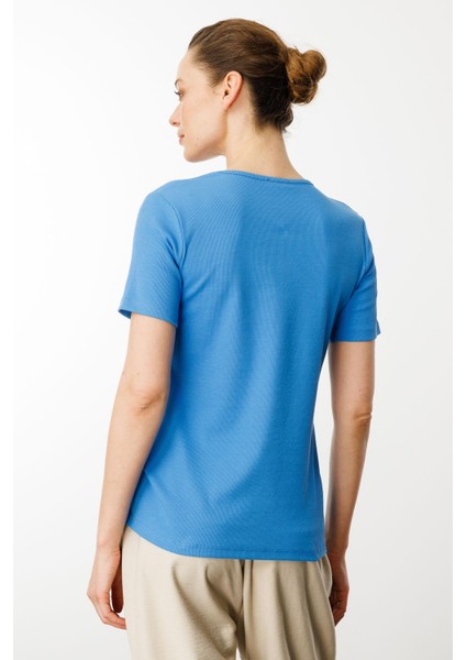 Kadın Sıfır Yaka Kısa Kol Pamuk Kaşkorse T-Shirt Mavi indirimleri