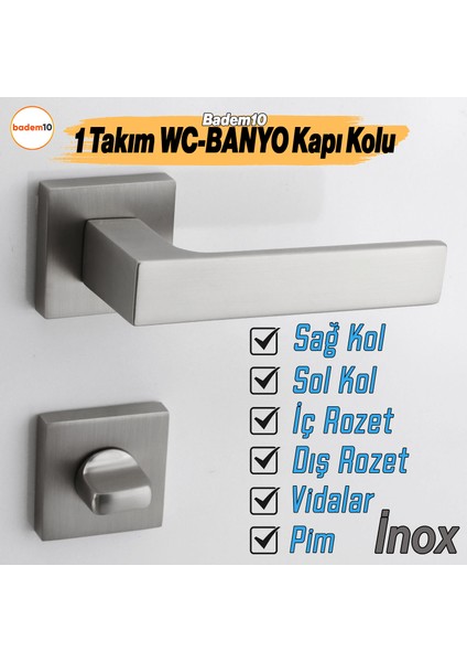 Paytak Inox Wc-Banyo Kapı Kolu Kare Rozetli Sağa Sola Uygun Iç Dış Kapısı Kilitlenebilir 1 Takım