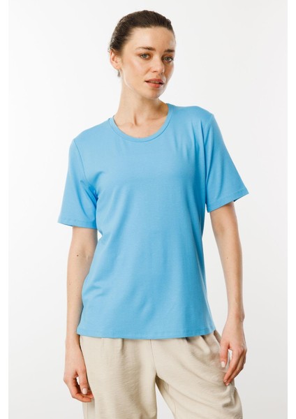 Kadın Sıfır Yaka Basic Penye T-Shirt Mavi fiyatları