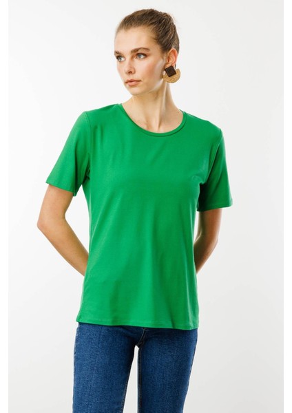 Kadın Sıfır Yaka Basic Penye T-Shirt A.yeşil