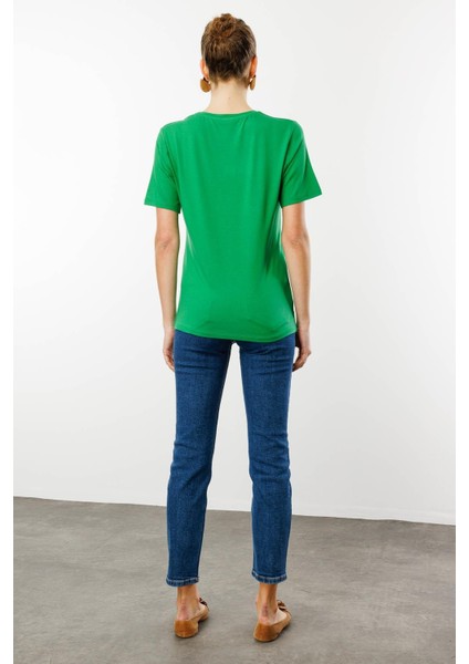 Kadın Sıfır Yaka Basic Penye T-Shirt A.yeşil modelleri