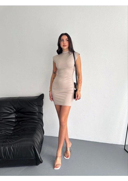 Yarım Bogazlı Kolsuz Mini Boy Elbise - Bej