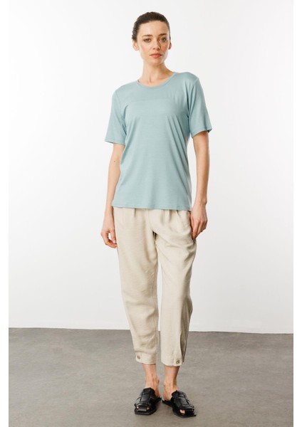Kadın Sıfır Yaka Basic Penye T-Shirt Mint fiyatları