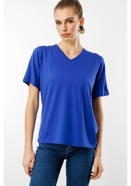 Kadın V Yaka Kısa Kollu Penye T-Shirt Saks